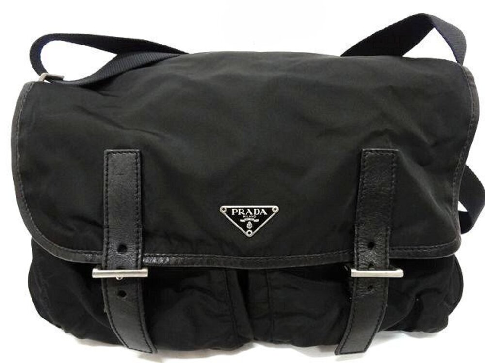 Prada Messenger Crossbody Bag Triangle Leather Black